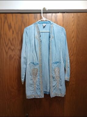 Chico's Light Blue Embroidered Open Front Jacket